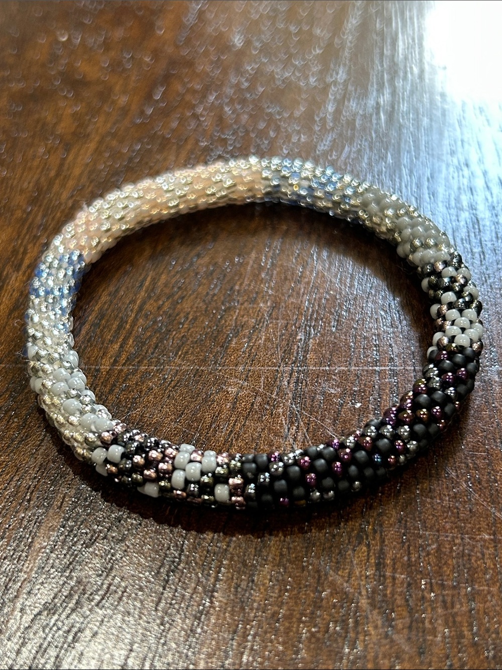 Sashka Handwoven Seed Bead Bangle Bracelet in Black, White & Purple